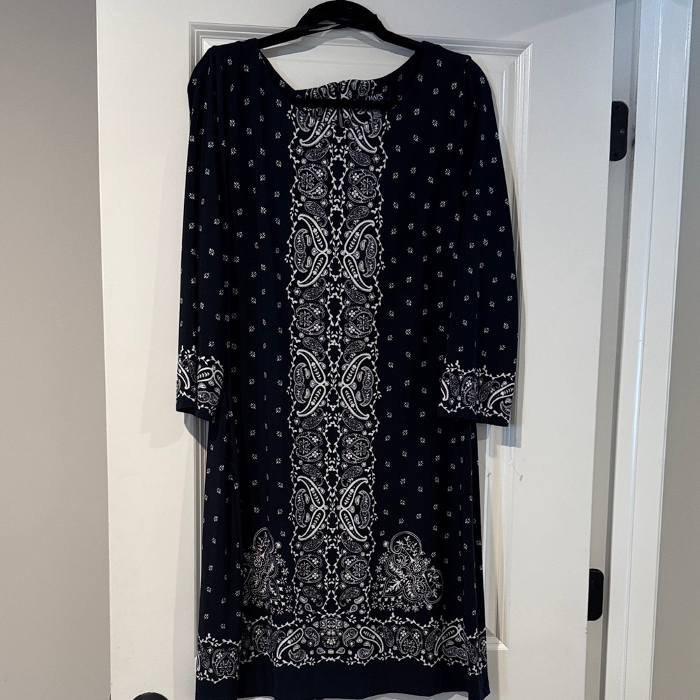 Chaps Navy Blue Dress with White Patterns
